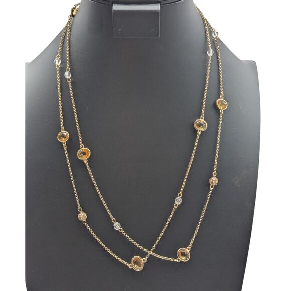 Long Gold Tone Chain W/ Faceted Gold Bezel Set Crystal Station 48" Necklace - Picture 1 of 7
